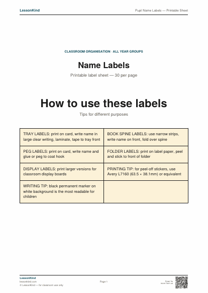 Preview of Pupil Name Labels — Printable Sheet