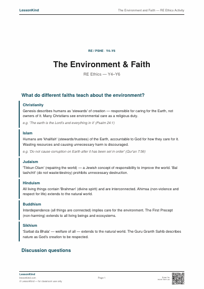 Preview of The Environment and Faith — RE Ethics Activity
