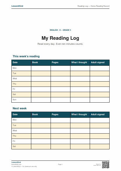 Preview of Reading Log — Home Reading Record