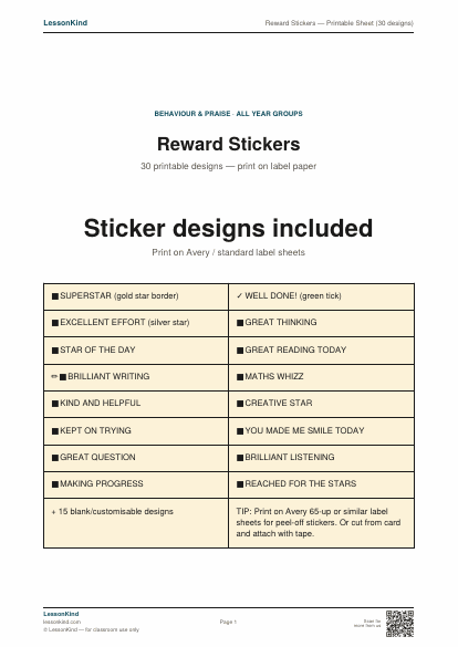 Preview of Reward Stickers — Printable Sheet (30 designs)