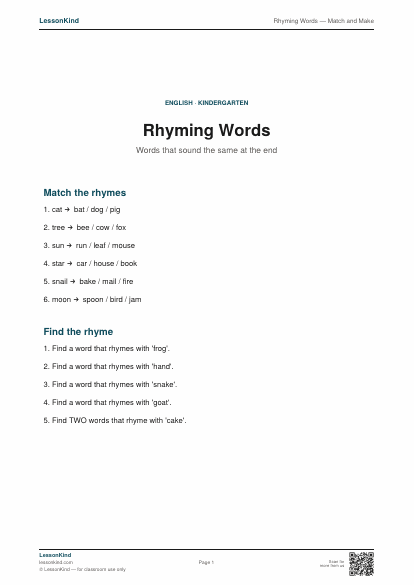 Preview of Rhyming Words — Match and Make