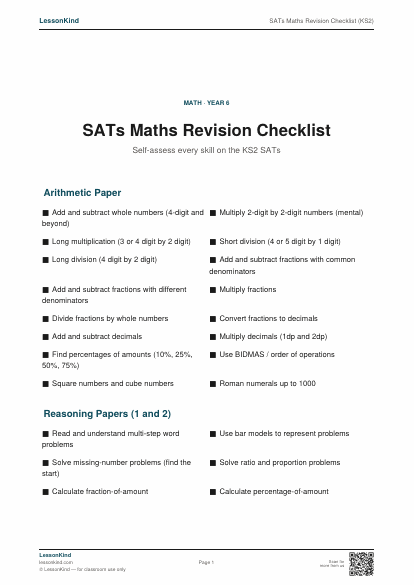 Preview of SATs Maths Revision Checklist (KS2)