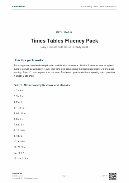 Preview of SATs-Ready Times Tables Fluency Pack