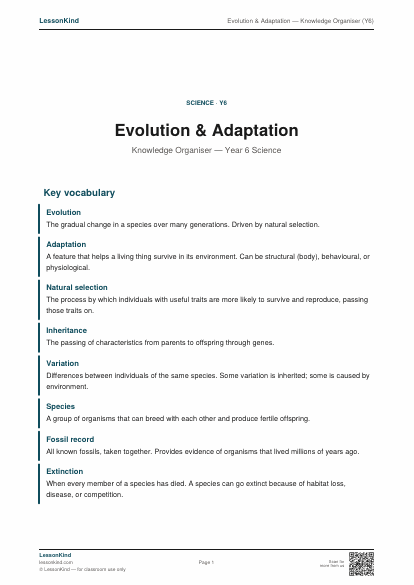 Preview of Evolution & Adaptation — Knowledge Organiser (Y6)