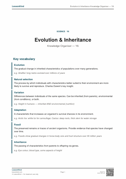 Preview of Evolution & Inheritance Knowledge Organiser — Y6