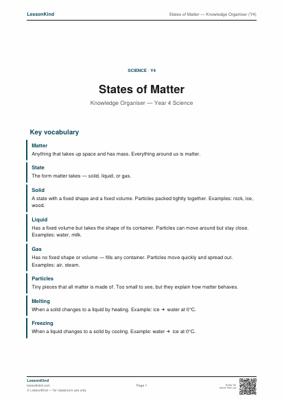 Preview of States of Matter — Knowledge Organiser (Y4)