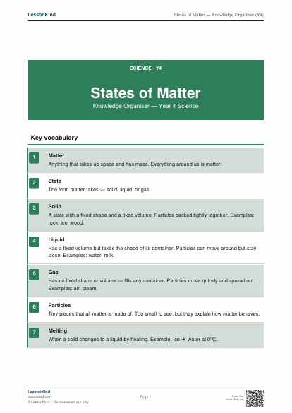 Preview of States of Matter — Knowledge Organiser (Y4)