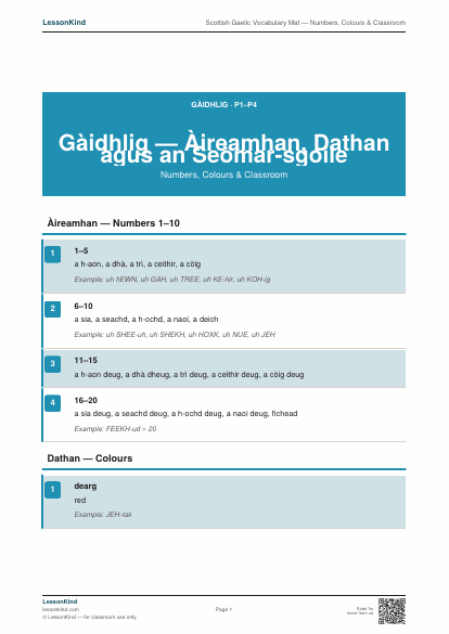 First page preview of Scottish Gaelic Vocabulary Mat — Numbers, Colours & Classroom