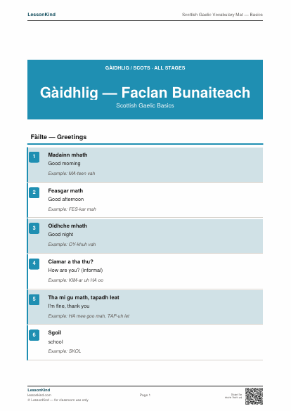 Preview of Scottish Gaelic Vocabulary Mat — Basics