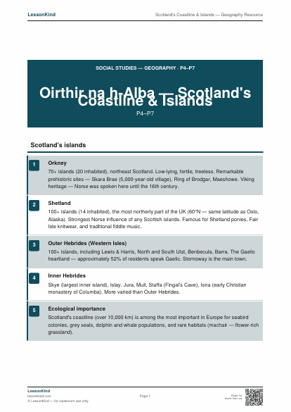 First page preview of Scotland's Coastline & Islands — Geography Resource