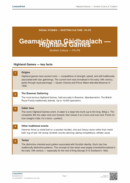 First page preview of Highland Games — Scottish Culture & Tradition