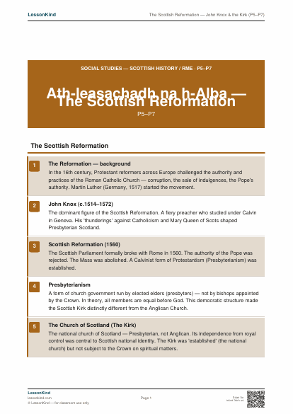 First page preview of The Scottish Reformation — John Knox & the Kirk (P5–P7)