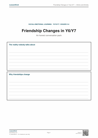 Preview of Friendship Changes in Year 6/7 — Article and Activity