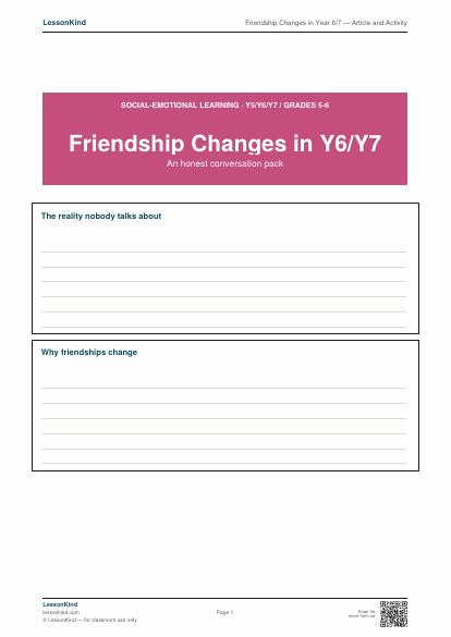 Preview of Friendship Changes in Year 6/7 — Article and Activity