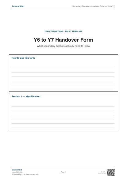 Preview of Secondary Transition Handover Form — Y6 to Y7