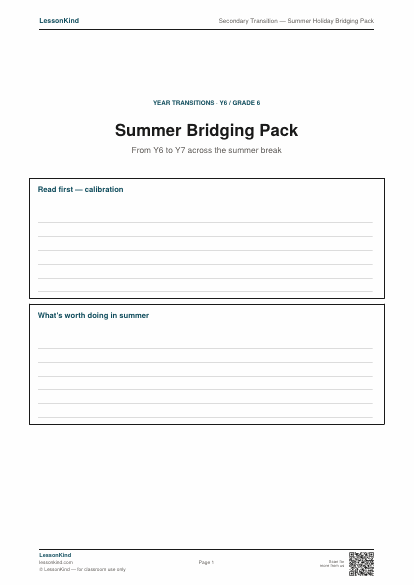 Preview of Secondary Transition — Summer Holiday Bridging Pack