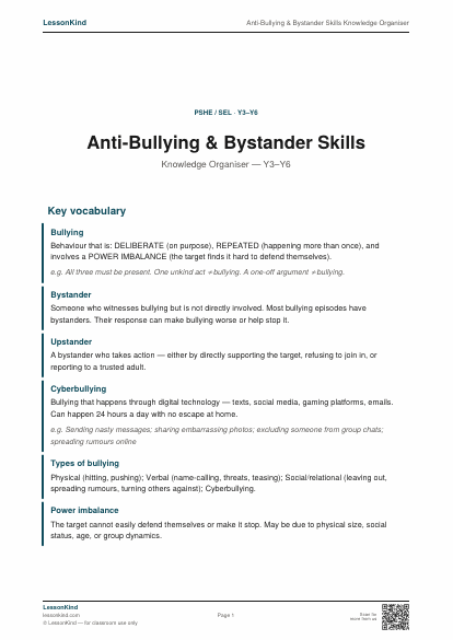 Preview of Anti-Bullying & Bystander Skills Knowledge Organiser