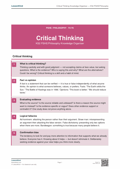 Preview of Critical Thinking Knowledge Organiser — KS2 PSHE/Philosophy