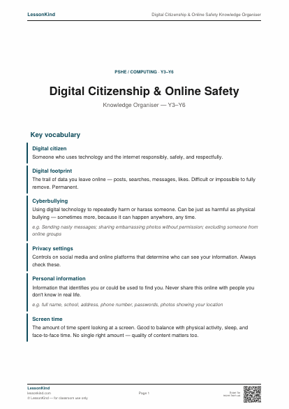 Preview of Digital Citizenship & Online Safety Knowledge Organiser