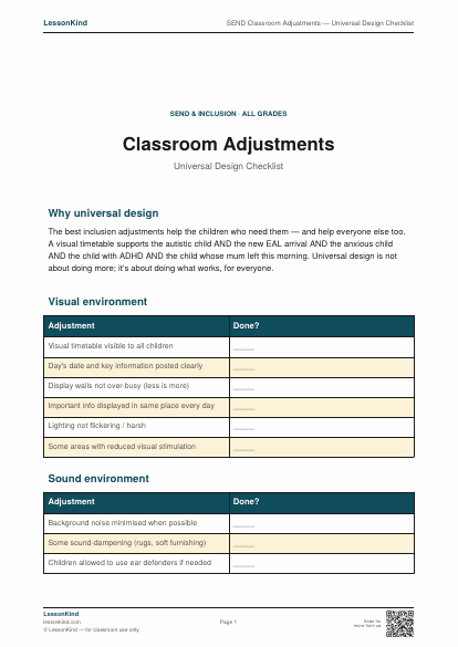 Preview of SEND Classroom Adjustments — Universal Design Checklist
