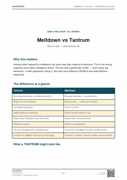 Preview of Meltdown vs Tantrum — Staff Reference Poster