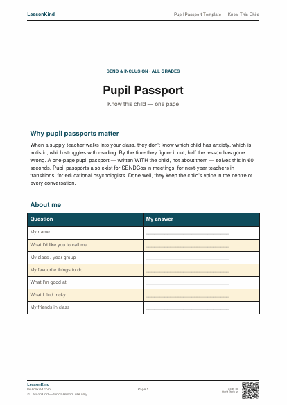 Preview of Pupil Passport Template — Know This Child