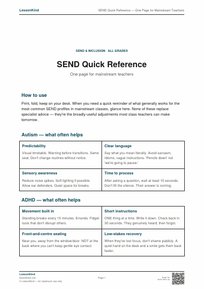 Preview of SEND Quick Reference — One Page for Mainstream Teachers