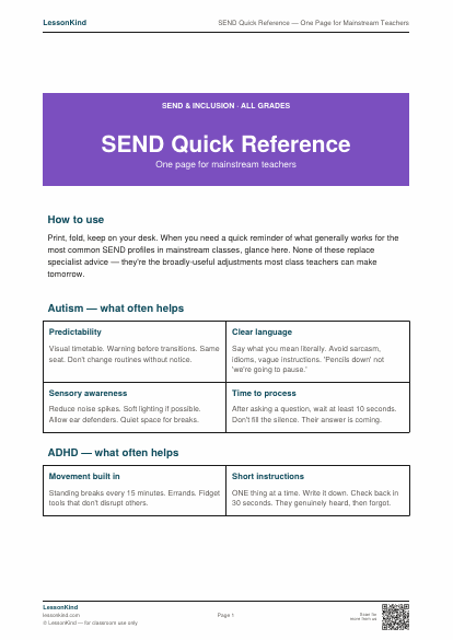 Preview of SEND Quick Reference — One Page for Mainstream Teachers