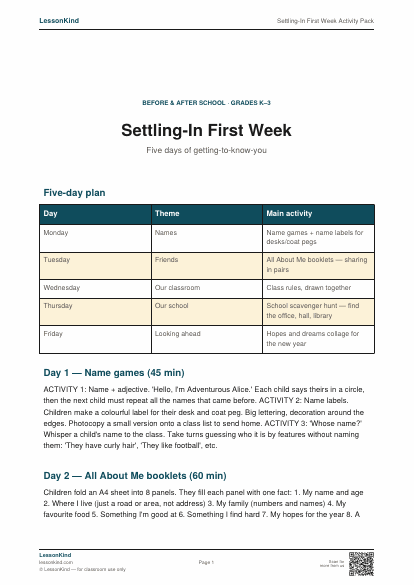 Preview of Settling-In First Week Activity Pack
