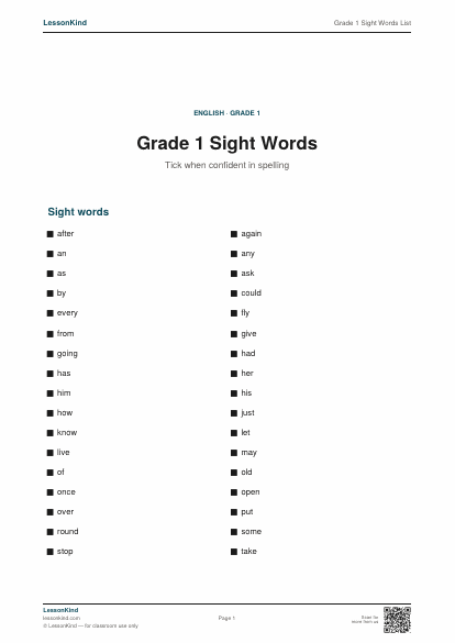 Preview of Grade 1 Sight Words List