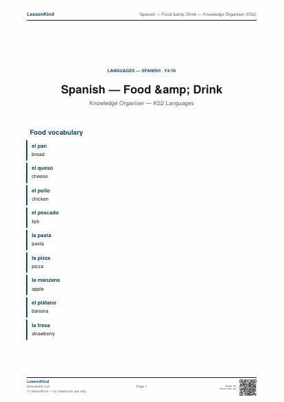 Preview of Spanish — Food &amp; Drink — Knowledge Organiser (KS2)