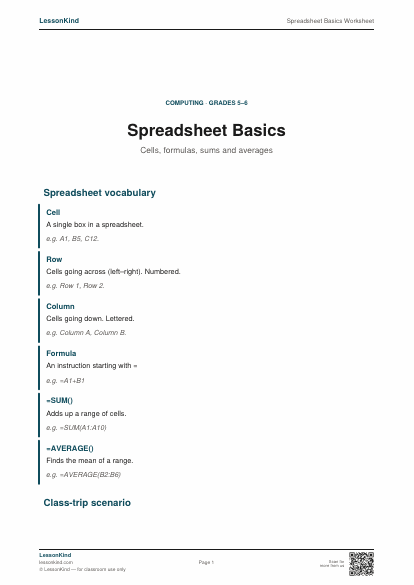 Preview of Spreadsheet Basics Worksheet
