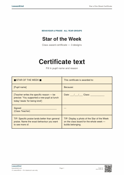 Preview of Star of the Week Certificate
