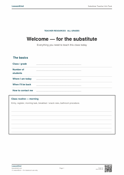Preview of Substitute Teacher Info Pack