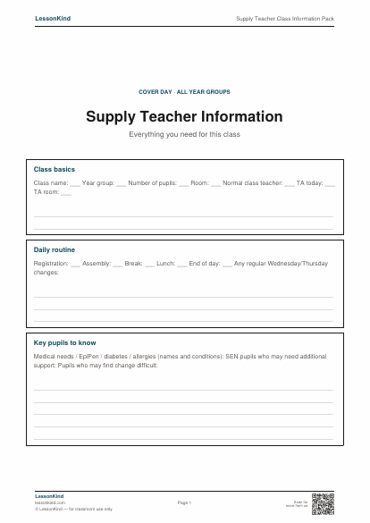 Preview of Supply Teacher Class Information Pack