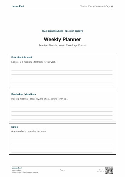Preview of Teacher Weekly Planner — 2-Page A4