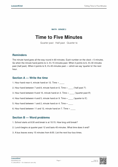Preview of Telling Time to Five Minutes