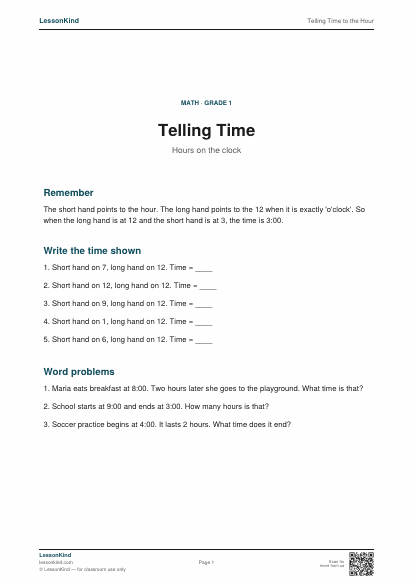 Preview of Telling Time to the Hour