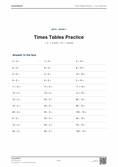 Preview of Times Tables Practice — 2s, 5s and 10s