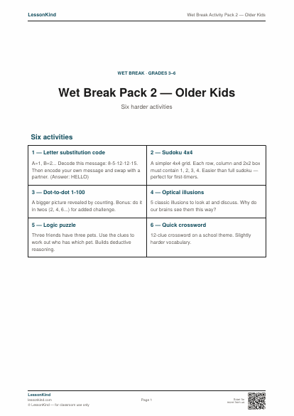 Preview of Wet Break Activity Pack 2 — Older Kids