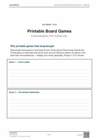 Preview of Wet Break Printable Board Games Pack — 6 Games
