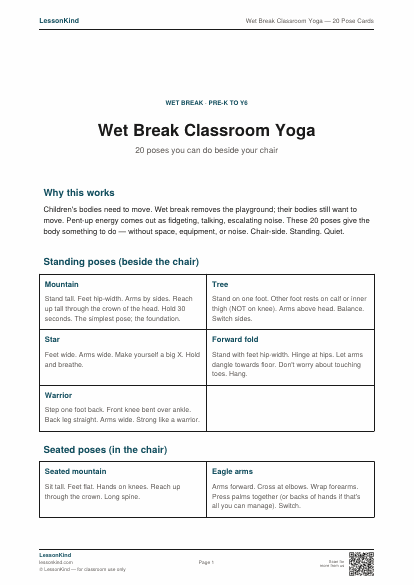 Preview of Wet Break Classroom Yoga — 20 Pose Cards