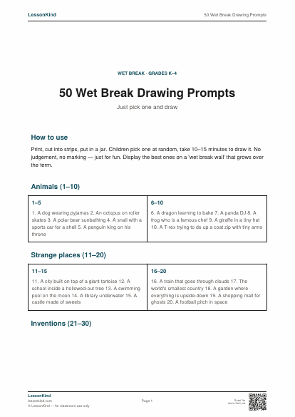 Preview of 50 Wet Break Drawing Prompts