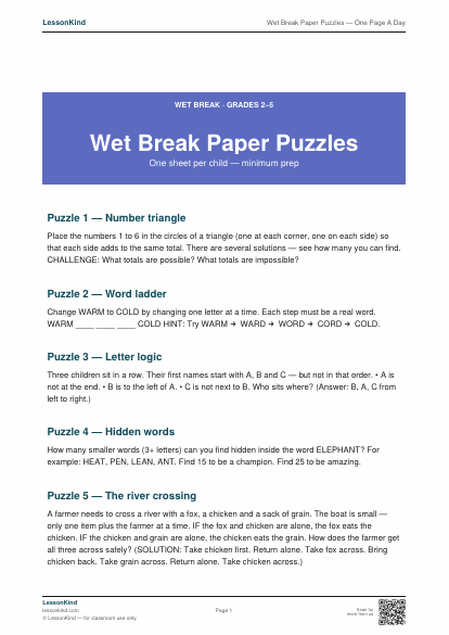 Preview of Wet Break Paper Puzzles — One Page A Day