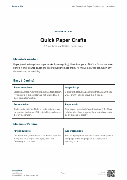 Preview of Wet Break Quick Paper Craft Pack — 12 Activities