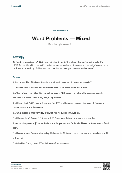 Preview of Word Problems — Mixed Operations