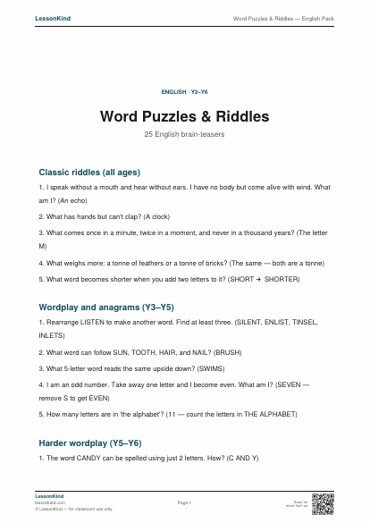 Preview of Word Puzzles & Riddles — English Pack