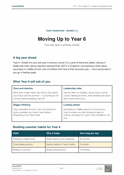 Preview of Y5 → Y6 / Grade 5 → Grade 6 Transition Pack